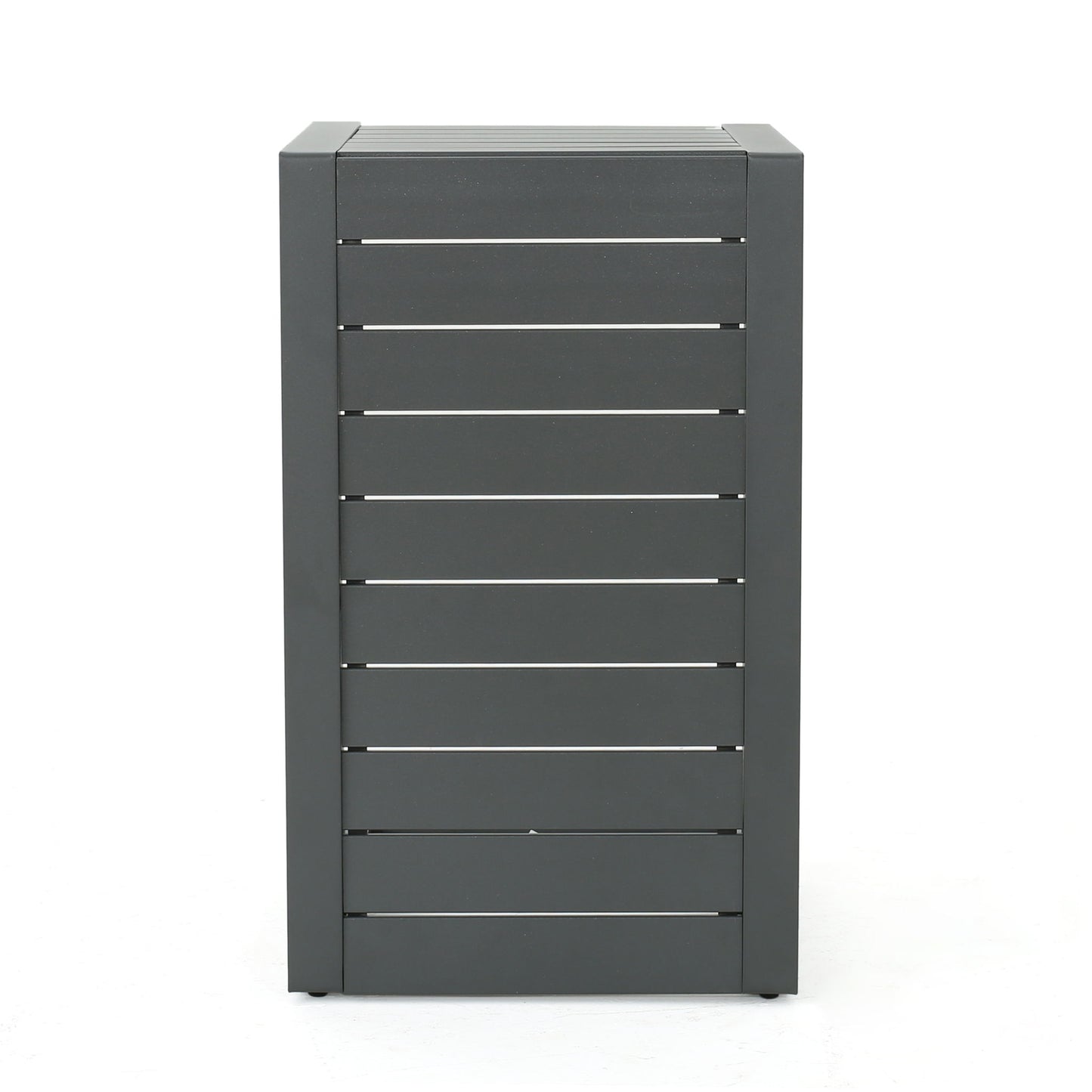 A tall, rectangular Aluminum Outdoor C-Shaped Side Table for patio with a dark gray finish, horizontal slats, and a solid frame, standing on a white background.