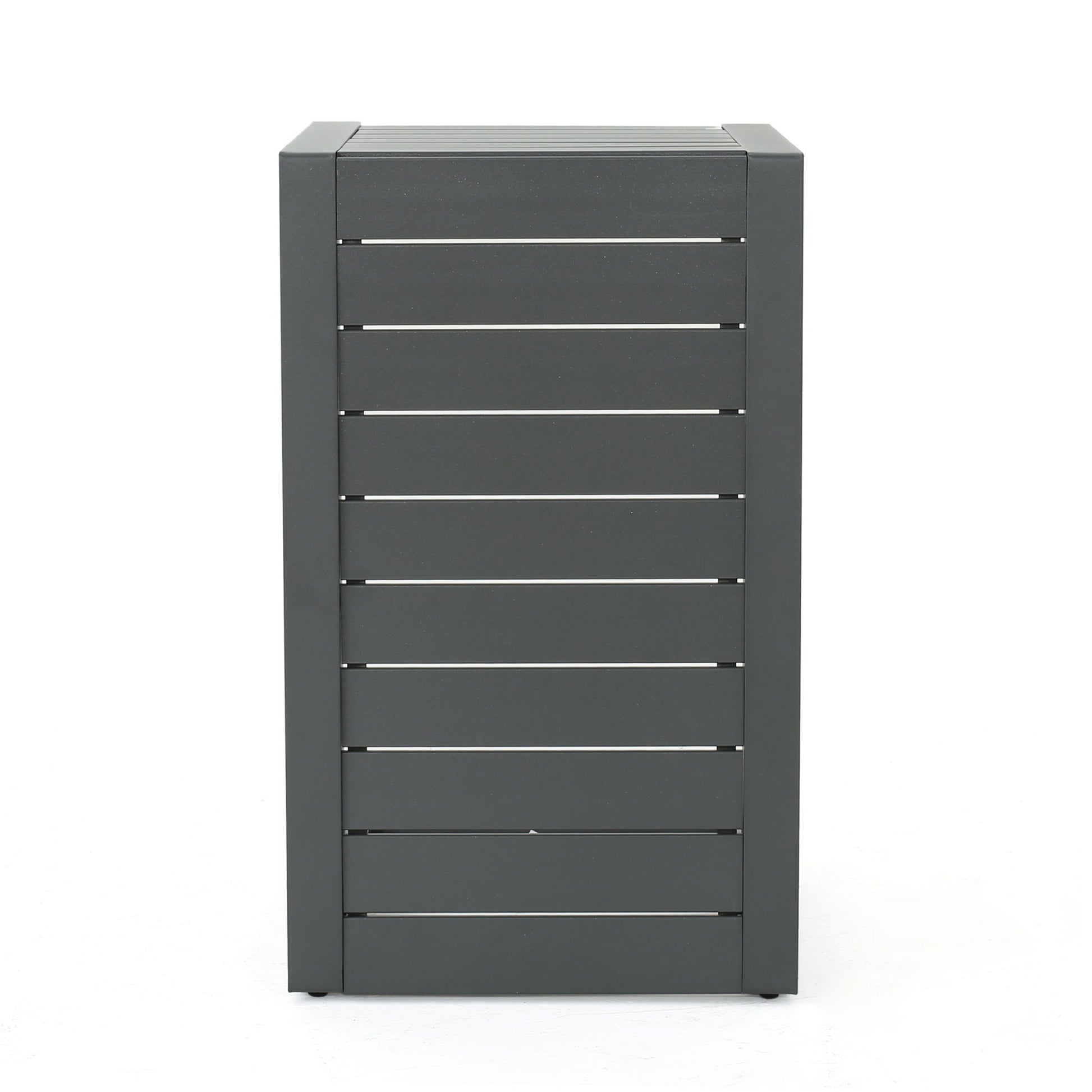 A tall, rectangular Aluminum Outdoor C-Shaped Side Table for patio with a dark gray finish, horizontal slats, and a solid frame, standing on a white background.