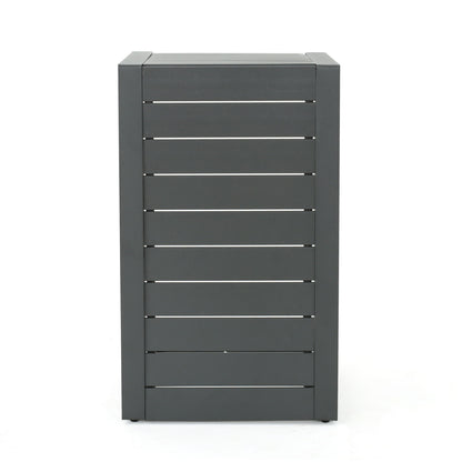 A tall, rectangular Aluminum Outdoor C-Shaped Side Table for patio with a dark gray finish, horizontal slats, and a solid frame, standing on a white background.