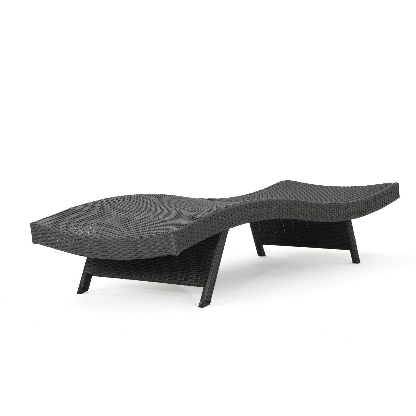 The Salem - Chaise Lounge is a modern black outdoor piece featuring woven material, a wave-like contoured design, and low-profile legs, shown against a white background.
