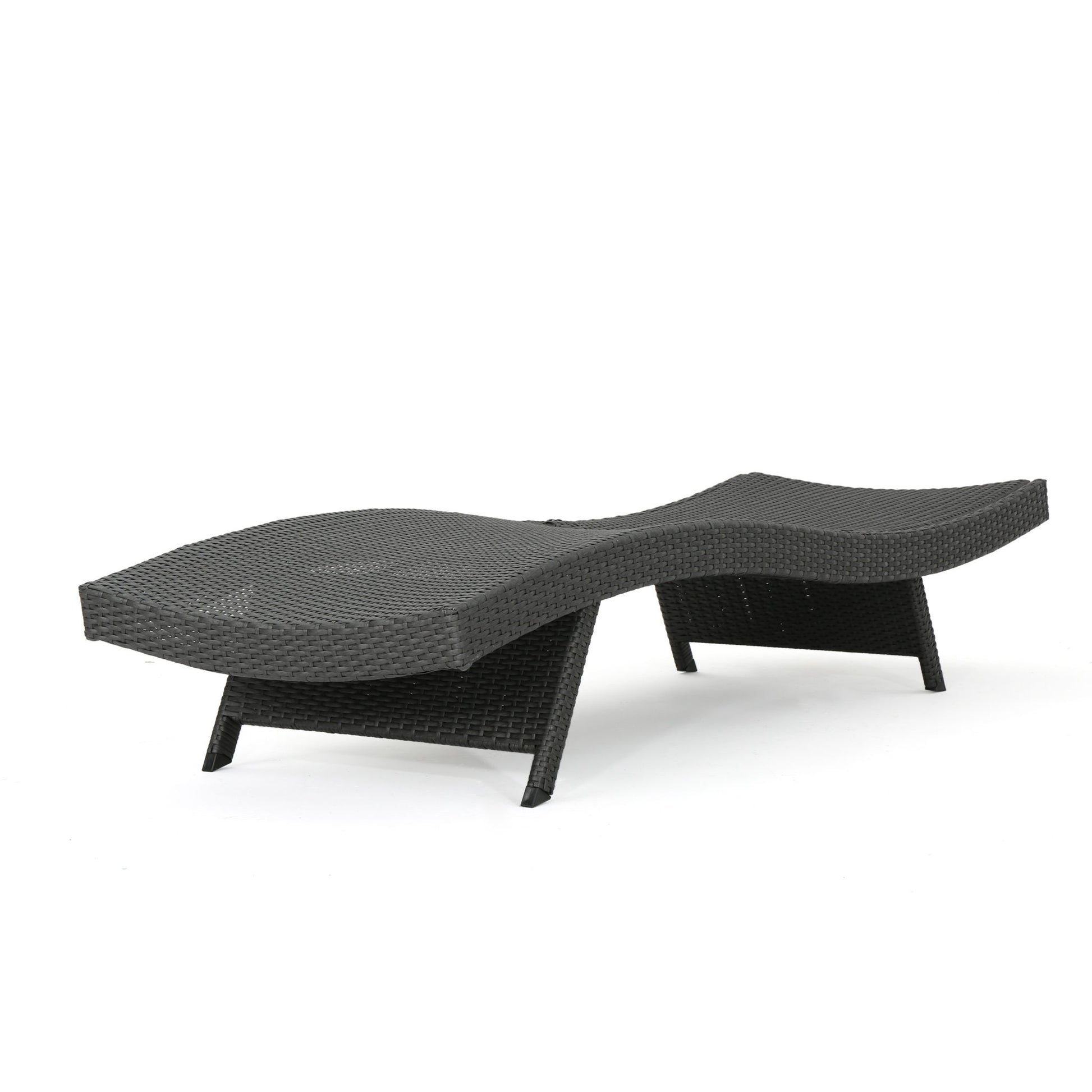 The Salem - Chaise Lounge is a modern black outdoor piece featuring woven material, a wave-like contoured design, and low-profile legs, shown against a white background.