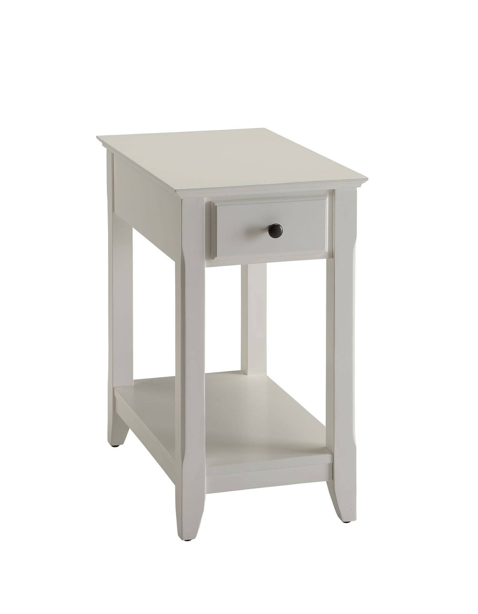 The Bertie Accent Table in white features a simple, modern design with straight lines, slightly tapered legs, a small drawer with a round black knob, and an open lower shelf.