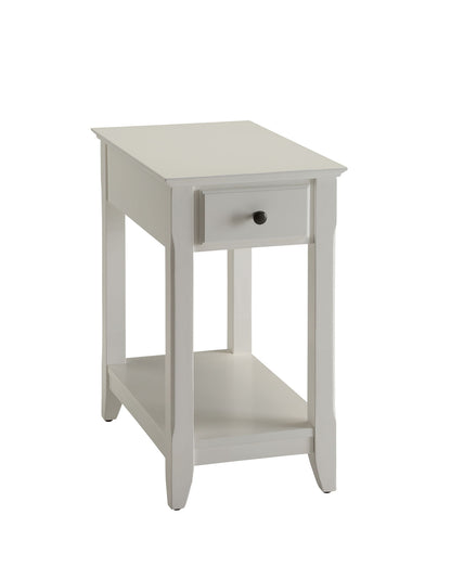 The Bertie Accent Table in white features a simple, modern design with straight lines, slightly tapered legs, a small drawer with a round black knob, and an open lower shelf.