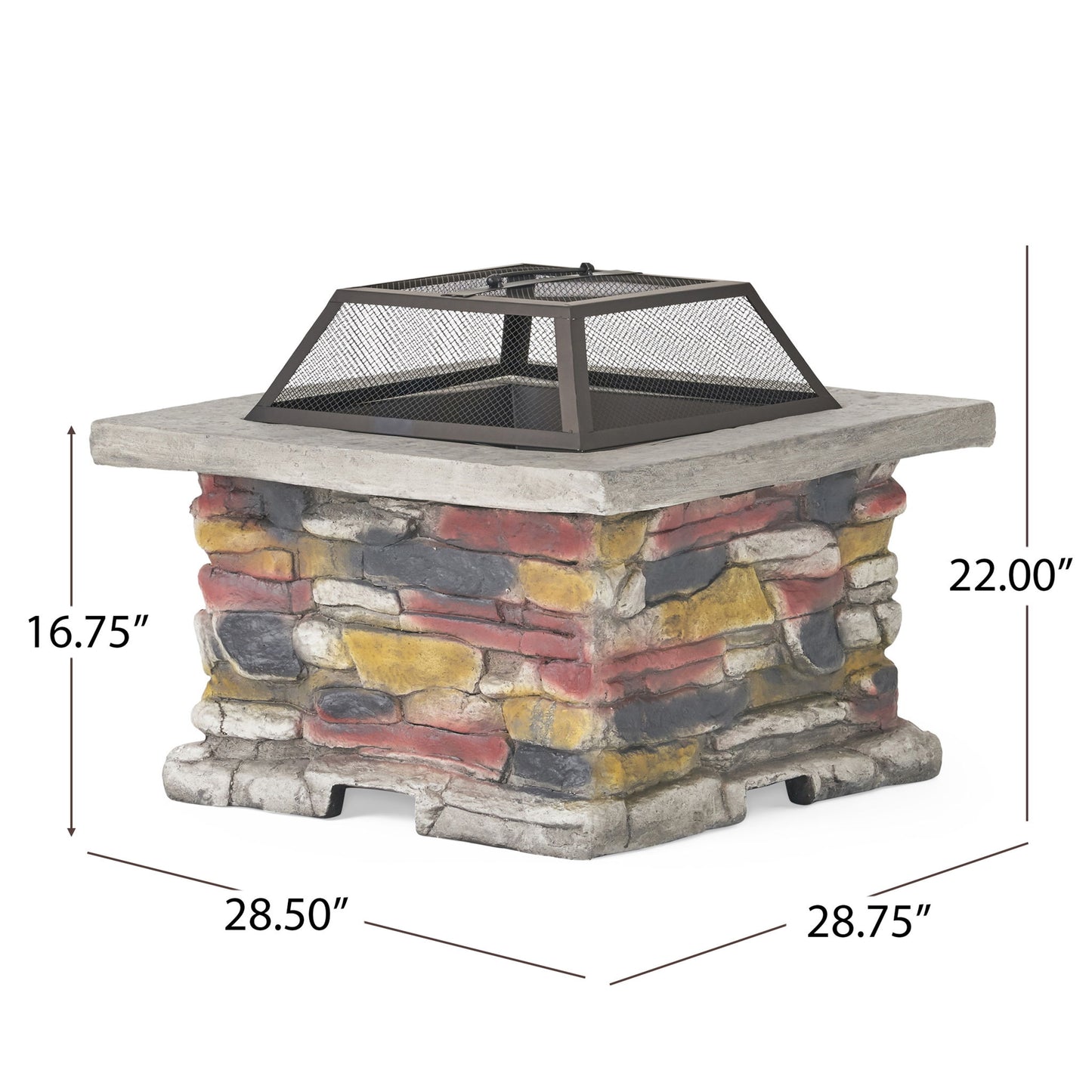 The Outdoor Wood Burning Magnesium Oxide Fire Pit with Lid features a multicolored stone base, metal mesh cover, and concrete top. Dimensions: 28.5"W x 28.75"D x 22"H; base height: 16.75".