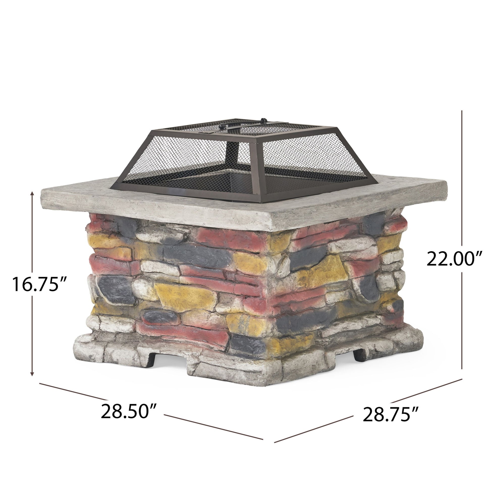 The Outdoor Wood Burning Magnesium Oxide Fire Pit with Lid features a multicolored stone base, metal mesh cover, and concrete top. Dimensions: 28.5"W x 28.75"D x 22"H; base height: 16.75".