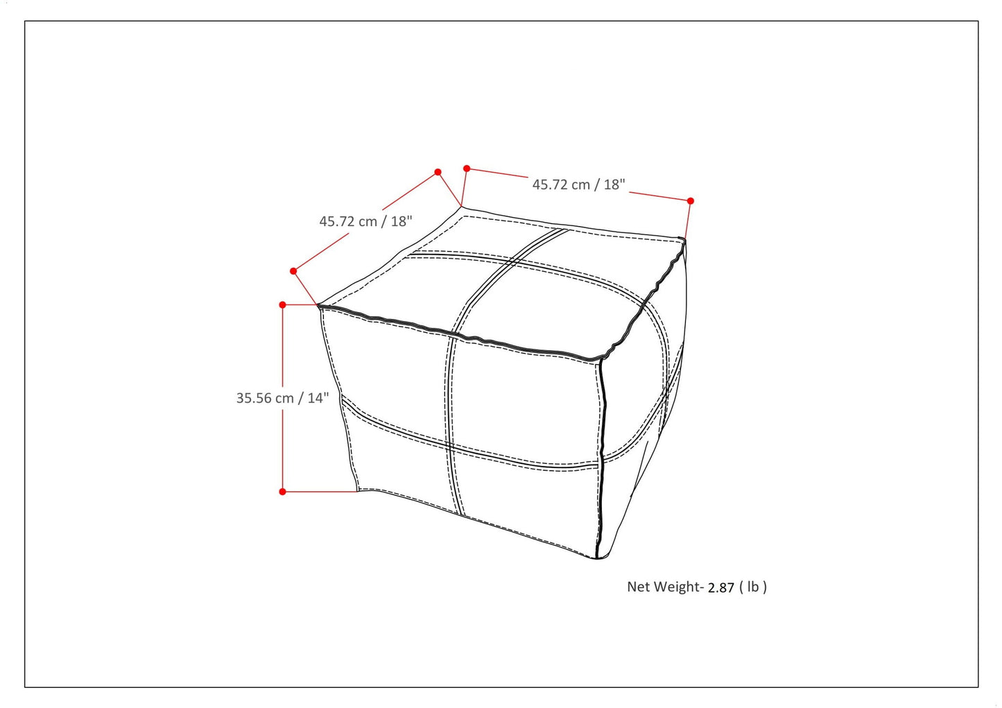 Line drawing of the Brody - Versatile Square Pouf with dimensions labeled: 45.72 cm (18") W x 45.72 cm (18") D x 35.56 cm (14") H, net weight: 2.87 kg (6 lb). Red dots highlight each measured corner.