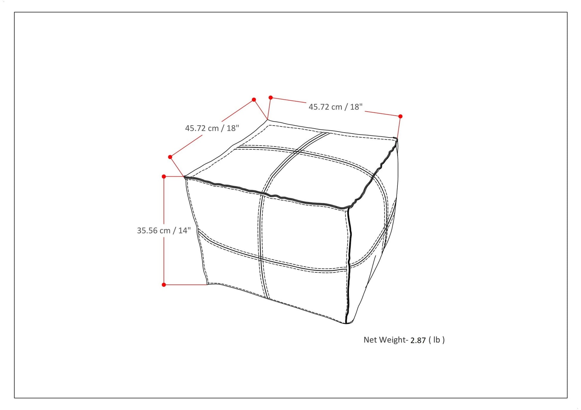 Line drawing of the Brody - Versatile Square Pouf with dimensions labeled: 45.72 cm (18") W x 45.72 cm (18") D x 35.56 cm (14") H, net weight: 2.87 kg (6 lb). Red dots highlight each measured corner.