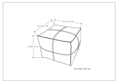 Line drawing of the Brody - Versatile Square Pouf with dimensions labeled: 45.72 cm (18") W x 45.72 cm (18") D x 35.56 cm (14") H, net weight: 2.87 kg (6 lb). Red dots highlight each measured corner.