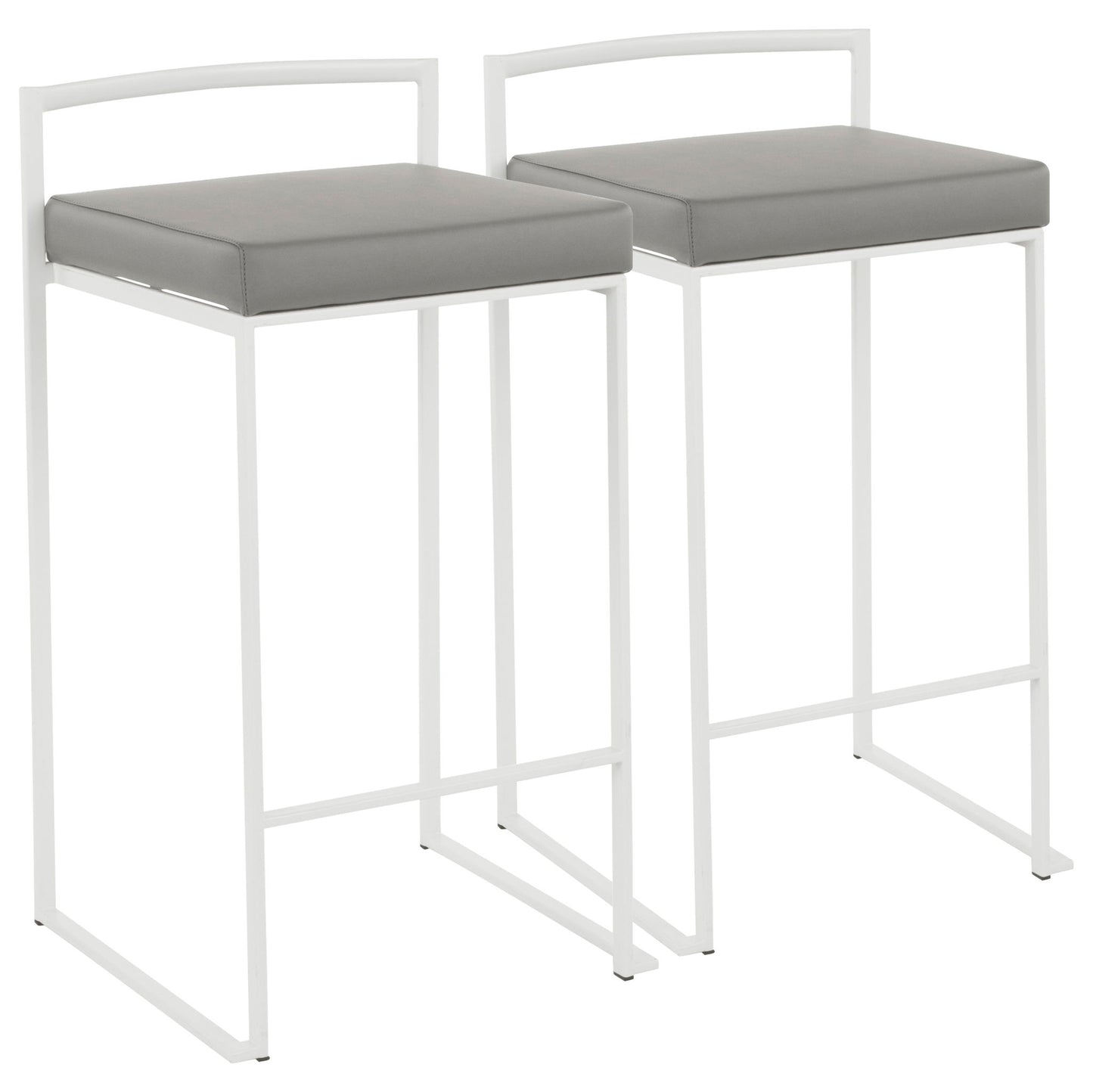 The Fuji Simple Elegance stools feature white metal frames, square gray cushioned seats, minimalist straight legs, and low curved backrests. These contemporary counter stools are stackable and perfect for modern spaces.