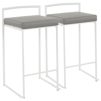 The Fuji Simple Elegance stools feature white metal frames, square gray cushioned seats, minimalist straight legs, and low curved backrests. These contemporary counter stools are stackable and perfect for modern spaces.