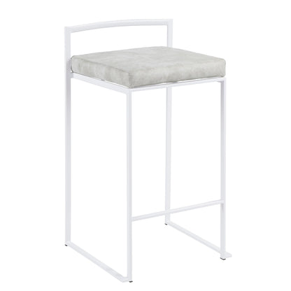 The Fuji - Simple Elegance is a contemporary, stackable counter stool with a white metal frame, light gray cushioned seat, minimalistic design, rectangular backrest, and open sides.