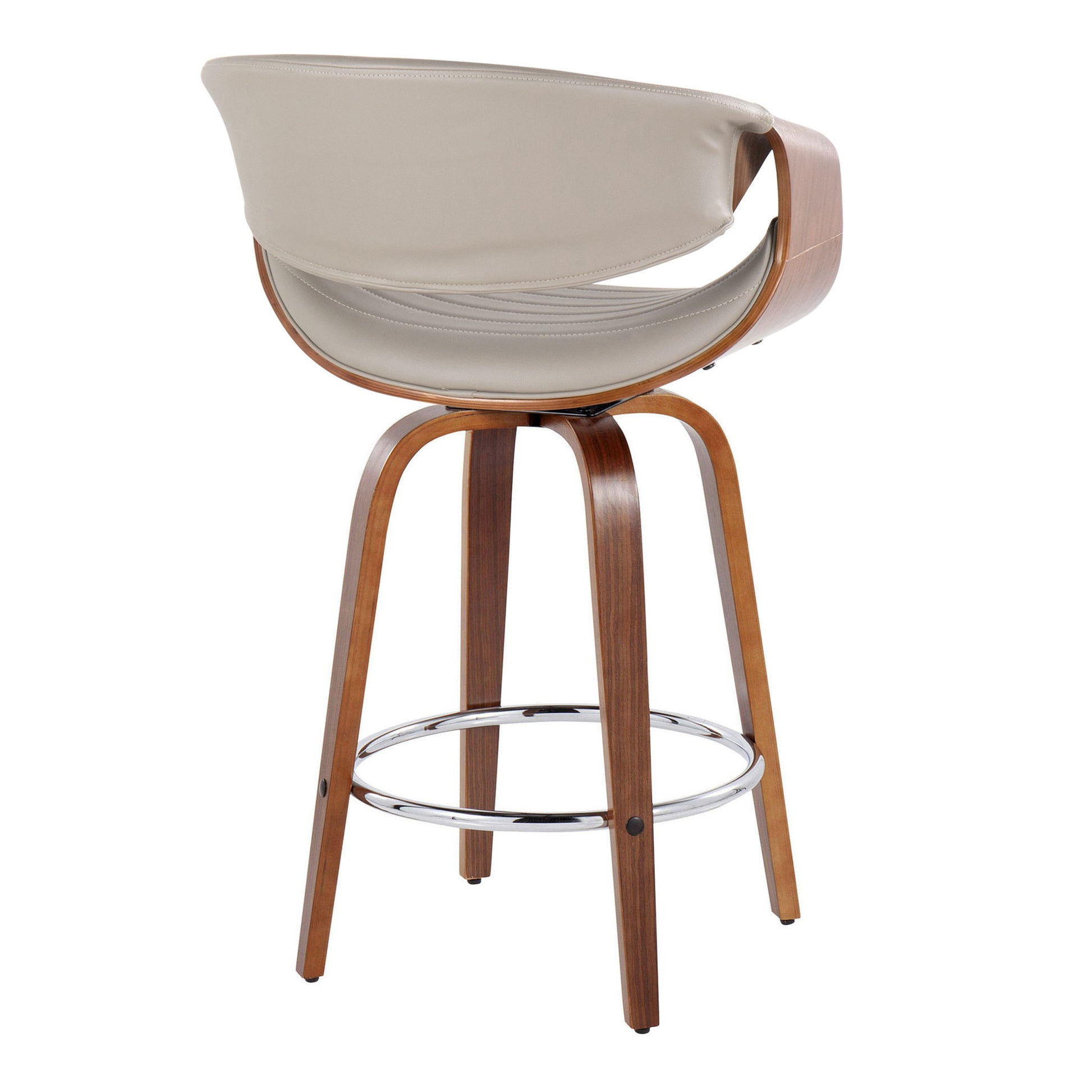 The Symphony Mid Century Modern Fixed Height Counter Stool Set features a light beige curved seat, open back, wooden frame with four legs, and a round chrome footrest. Includes 2 stools; swivel functionality for added comfort.