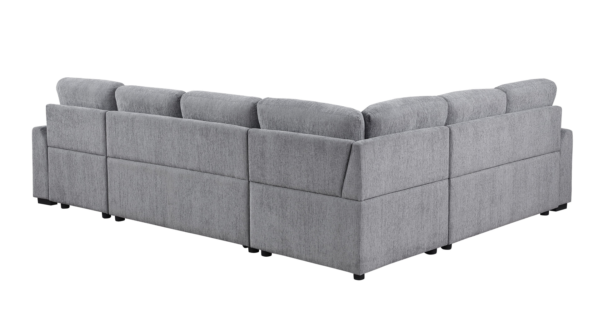 The Couch.com Nyhan Upholstered Corner Sectional features light gray fabric, a pull-out loveseat, storage chaise, modern style, and short black legs with five seat cushions and pillow-style backrests.