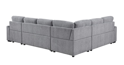 The Couch.com Nyhan Upholstered Corner Sectional features light gray fabric, a pull-out loveseat, storage chaise, modern style, and short black legs with five seat cushions and pillow-style backrests.