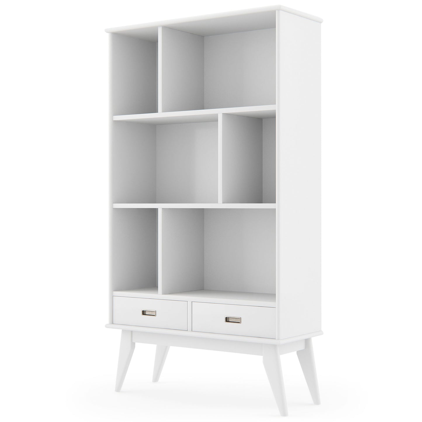 The Draper - Mid Century Wide Bookcase And Storage Unit is a modern white bookshelf featuring six open compartments in various sizes, two bottom drawers, and stands on four angled legs.