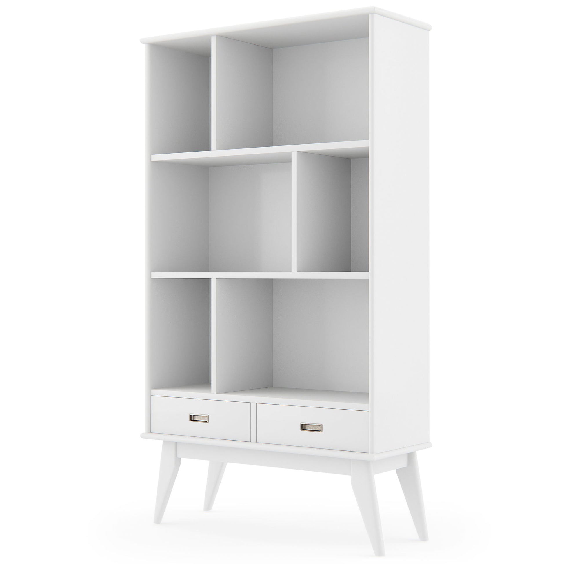 The Draper - Mid Century Wide Bookcase And Storage Unit is a modern white bookshelf featuring six open compartments in various sizes, two bottom drawers, and stands on four angled legs.