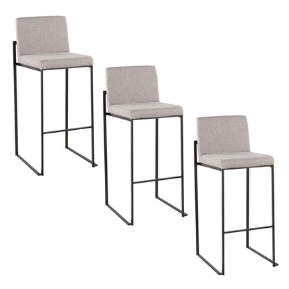 Three Fuji Contemporary High Back Barstools with light gray cushions, black metal legs, and a sleek minimalist design are displayed at varying angles on a white background.