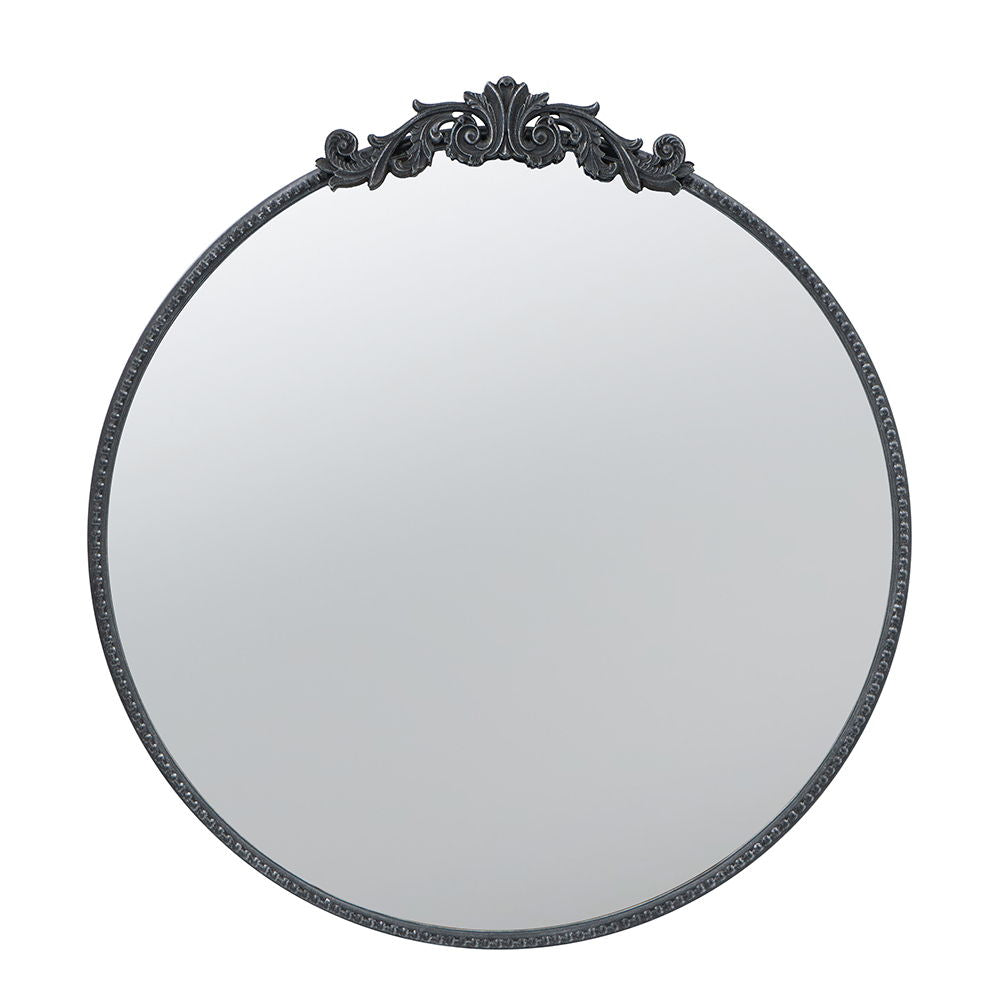 Classic Design Mirror with a baroque-inspired black frame features intricate floral detailing at the top. Elegant and perfect for bathroom, entryway, or console; can lean against the wall for sophisticated home decor.