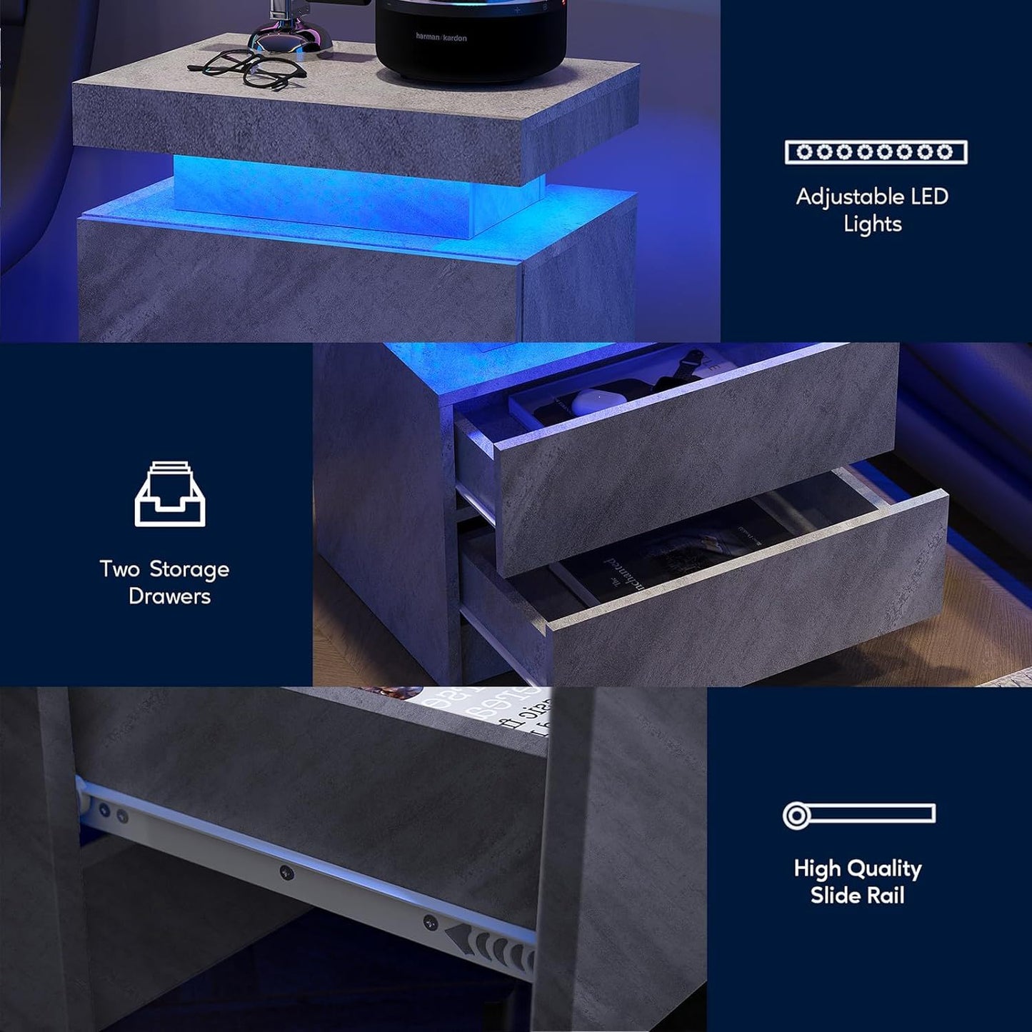 Nightstand LED, Bedside Table Cabinet With 2 Drawers For Bedroom