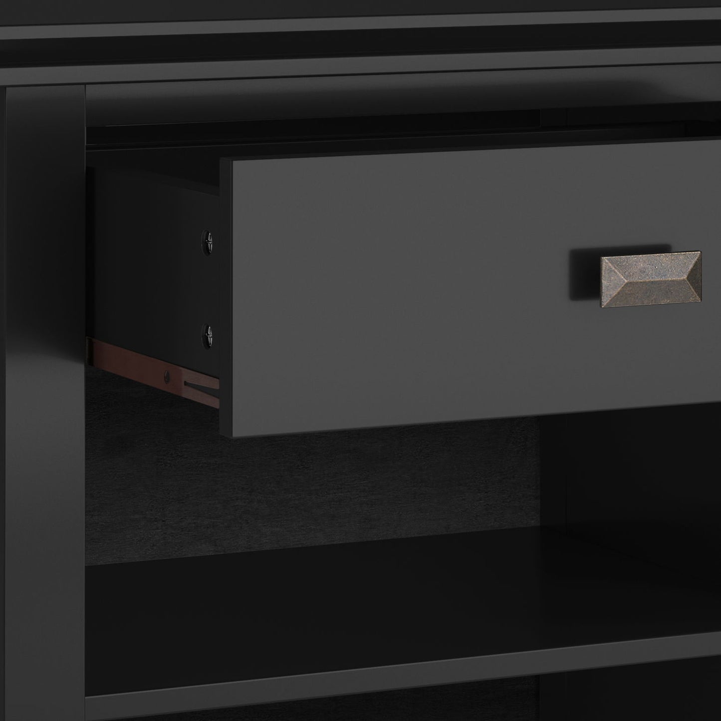 A close-up of the Artisan - Handcrafted Bedside Table shows a partially open, matte black drawer with a geometric metal handle, set in a matching black cabinet.