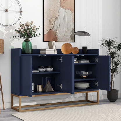 The Modern Sideboard Elegant Buffet Cabinet With Large Storage Space For Dining Room, Entryway stands against a white wall with gold legs, decorated with vases, books, and art. Its open doors reveal neatly arranged dishes and decor items inside.