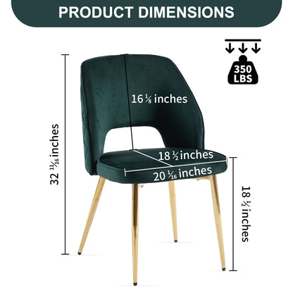 The Velvet Dining Chairs With Metal Legs And Hollow Back feature dark green upholstery, gold legs, height 32.25", seat height 18.5", seat width 20.5", seat depth 18.5", back height 16.5", and a weight limit of 350 lbs.