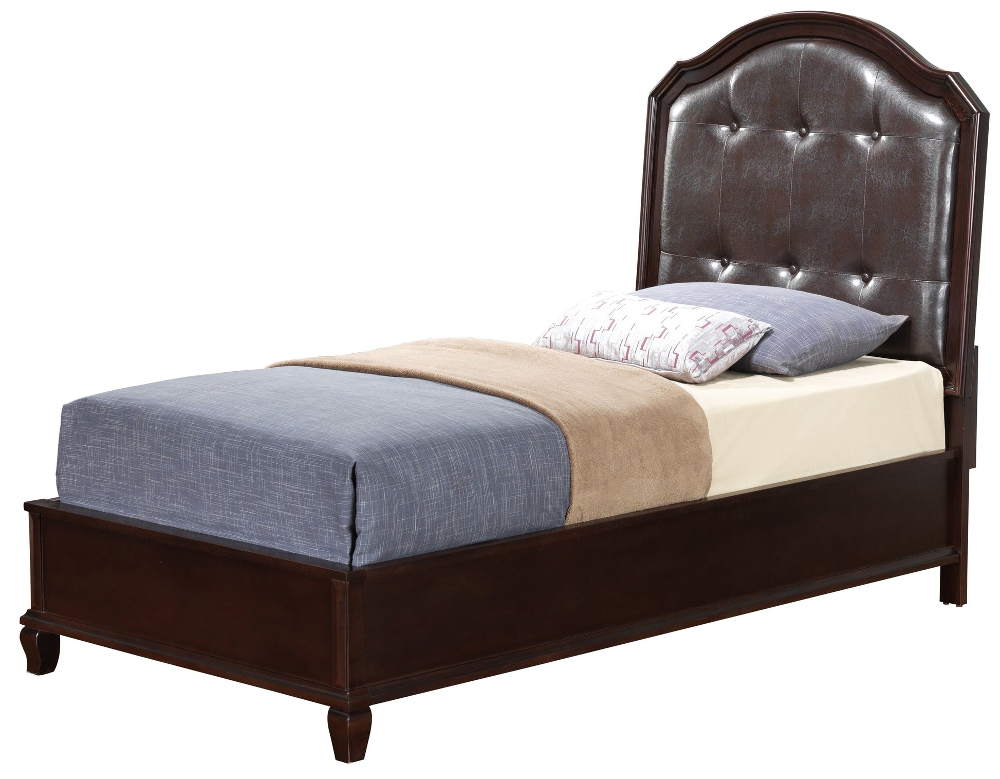 The Triton - G9000A-TB Twin Bed in cappuccino features a dark wooden frame and a tufted leather headboard. It is styled with a blue blanket, beige throw, and two light-shaded pillows against a white backdrop.