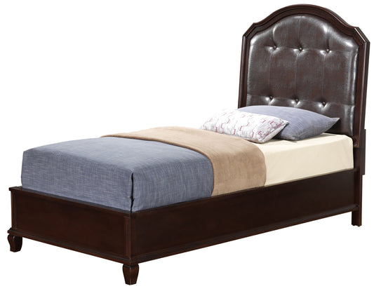 The Triton - G9000A-TB Twin Bed in cappuccino features a dark wooden frame and a tufted leather headboard. It is styled with a blue blanket, beige throw, and two light-shaded pillows against a white backdrop.