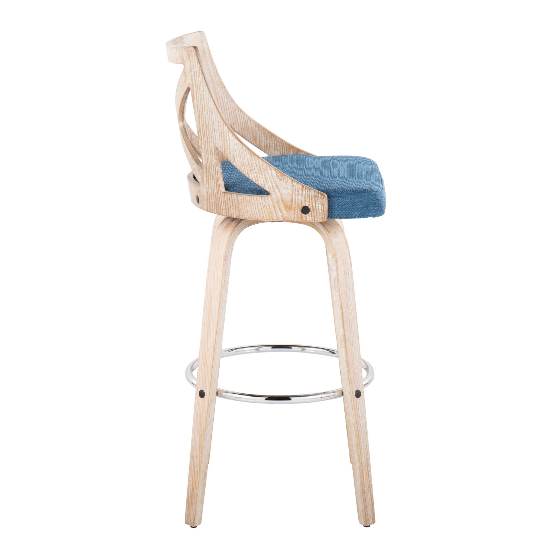 The Charlotte Farmhouse Fixed Height Bar Stool (Set of 2) features a modern wooden frame with light legs, a curved cut-out backrest, blue upholstered seat, swivel function, and a round metal footrest for comfort.