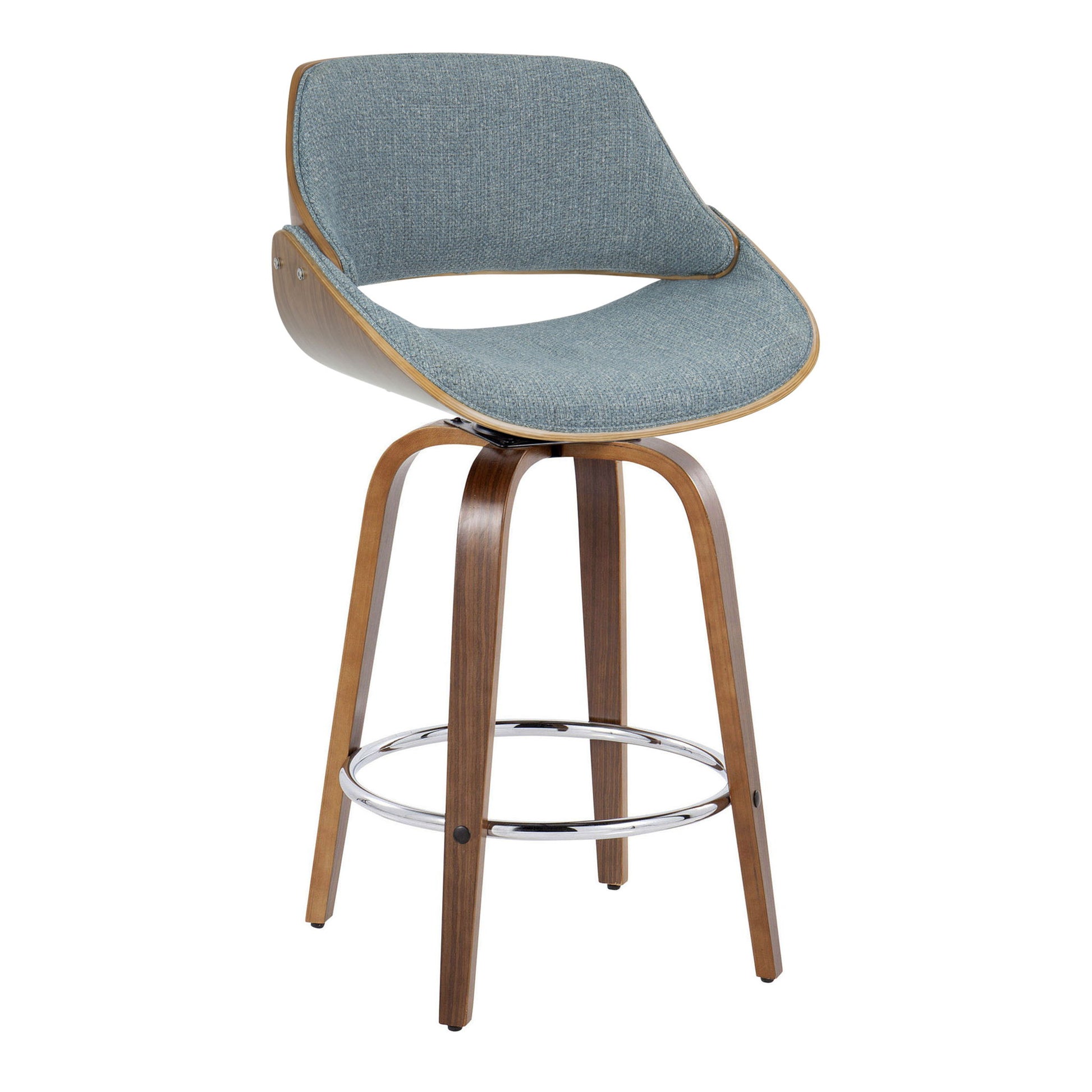 The Fabrizzi Mid Century Modern Fixed Height Counter Stool features a curved wooden frame, light blue upholstered seat and backrest, angled wooden legs, and a round chrome footrest. Comes as a set of 2 with swivel functionality.