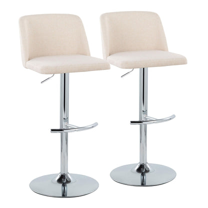 The Toriano Contemporary Adjustable Barstools (Set of 2) feature light beige upholstered seats and backs, chrome bases, swivel functionality, and rounded T footrests—shown side by side on a white background.