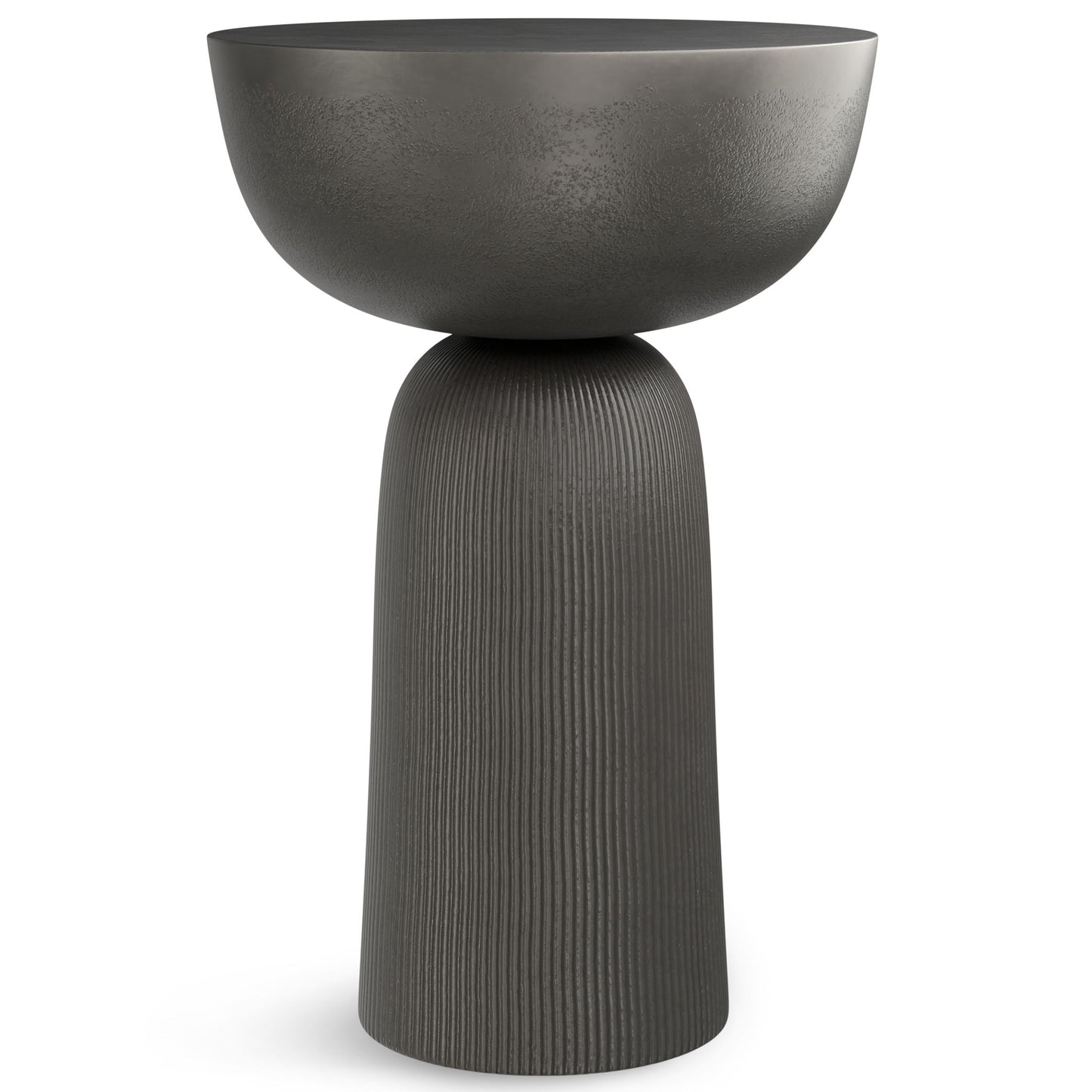 The Hughes - Cast Aluminum Side Table features a modern, sculptural design with a wide shallow top and tall ribbed cylindrical base, all in a matte black finish.
