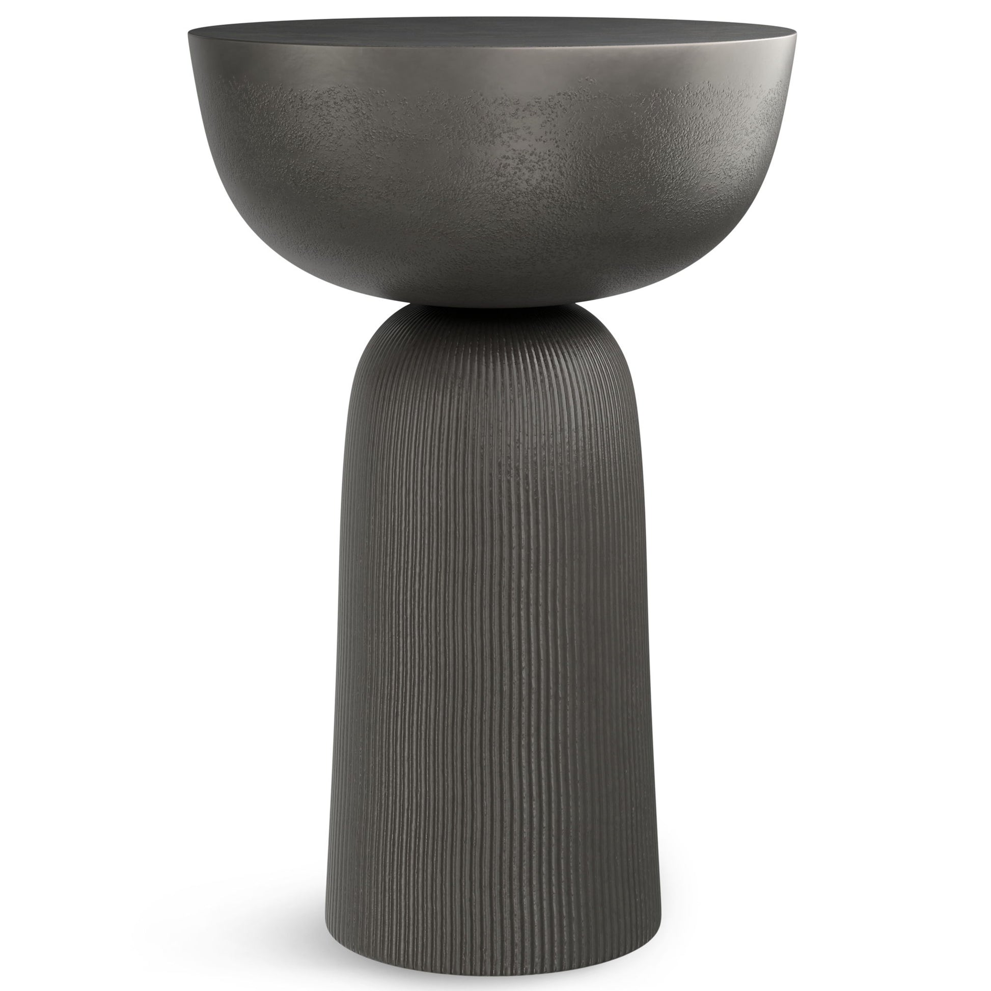The Hughes - Cast Aluminum Side Table features a modern, sculptural design with a wide shallow top and tall ribbed cylindrical base, all in a matte black finish.
