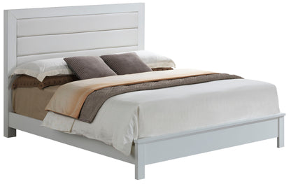 The Transitional Modern Design Bed features a tall upholstered headboard, two pillows, and neatly arranged beige, brown, and white bedding. Shown from the front against a white background.