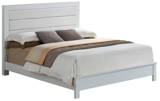 The Transitional Modern Design Bed features a tall upholstered headboard, two pillows, and neatly arranged beige, brown, and white bedding. Shown from the front against a white background.