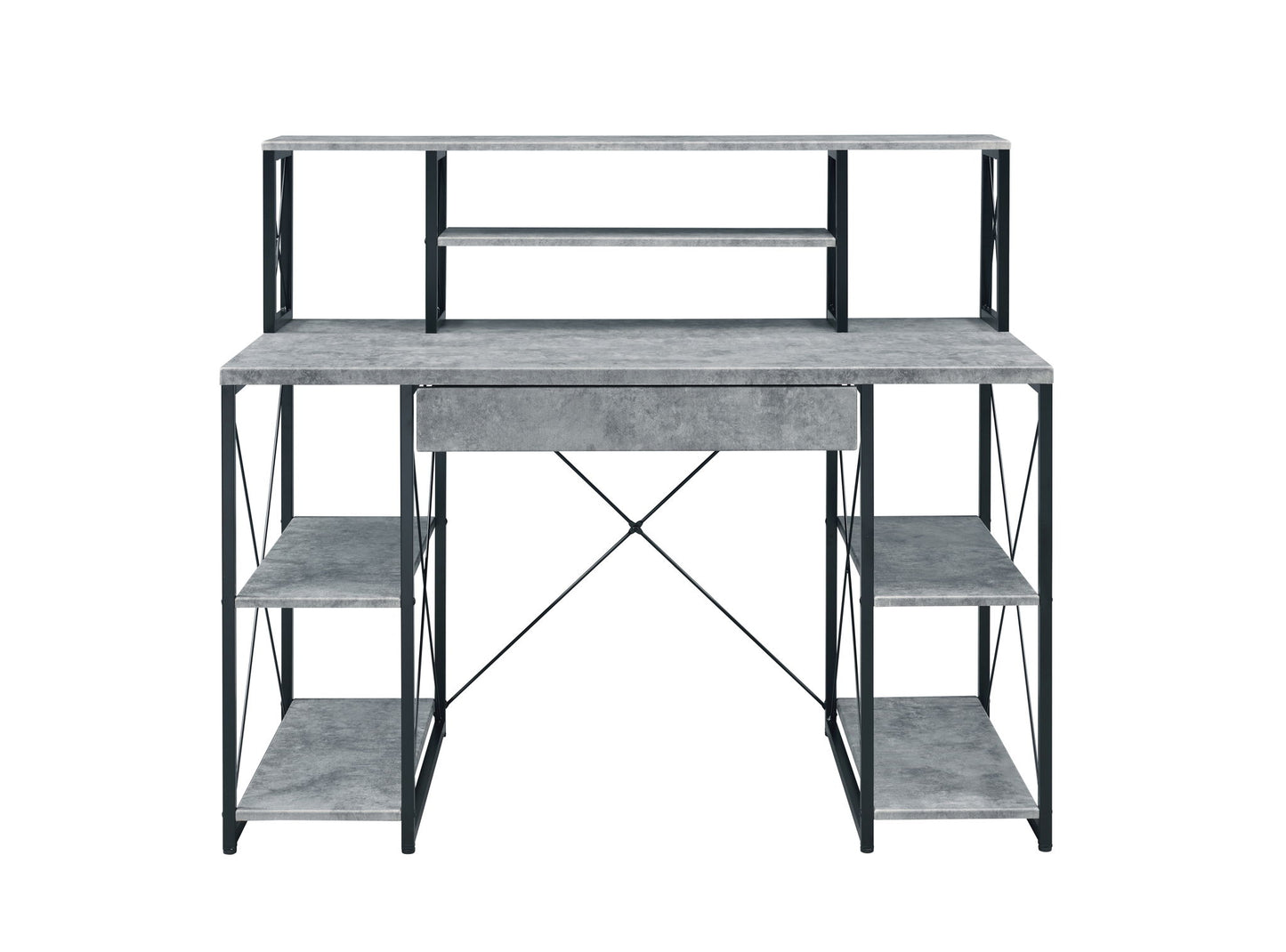 The Amiel All Purpose Writing Desk features a gray concrete-style finish, central drawer, multiple side shelves, open shelving above the surface, and a sturdy black metal frame.