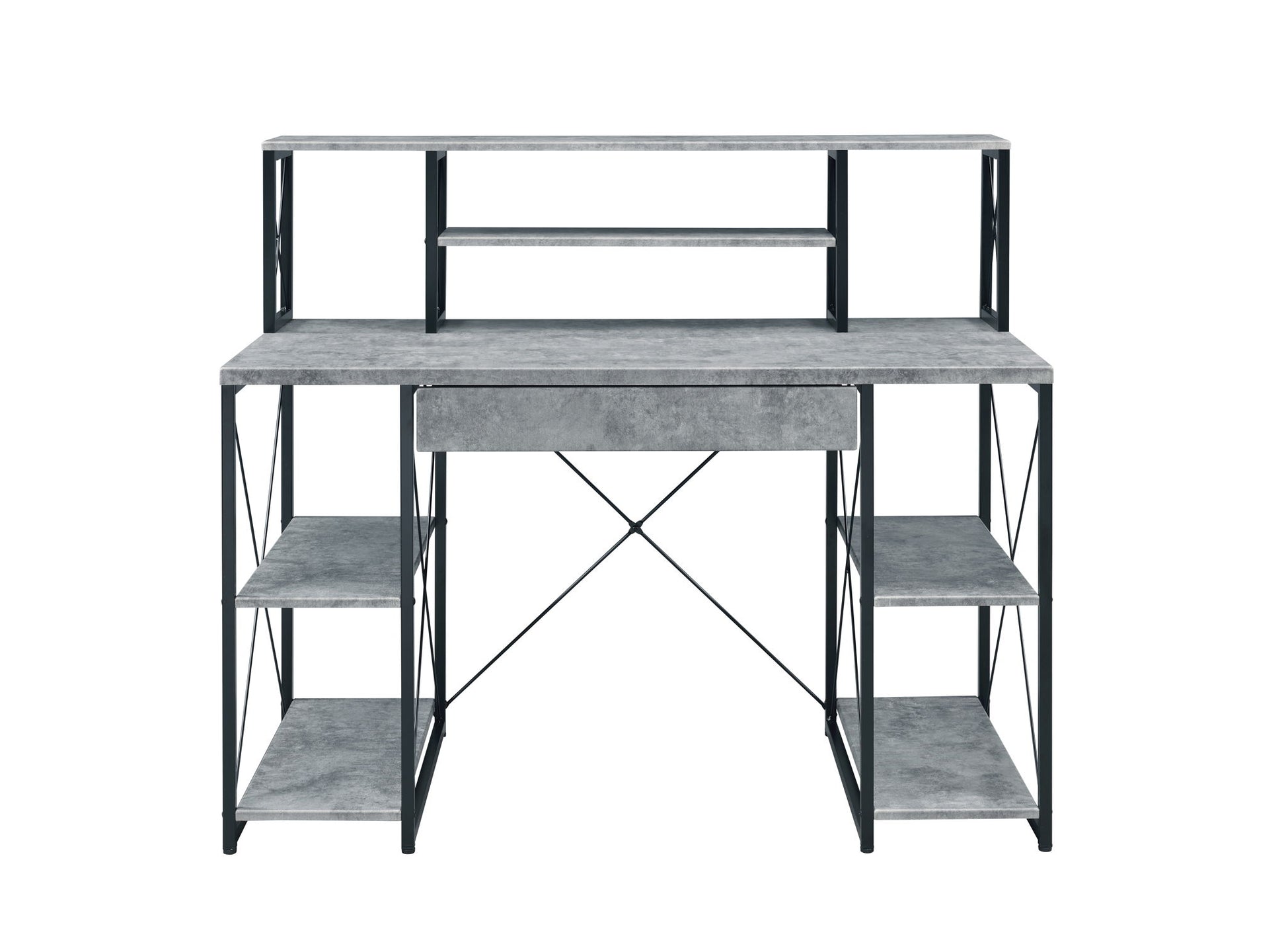 The Amiel All Purpose Writing Desk features a gray concrete-style finish, central drawer, multiple side shelves, open shelving above the surface, and a sturdy black metal frame.