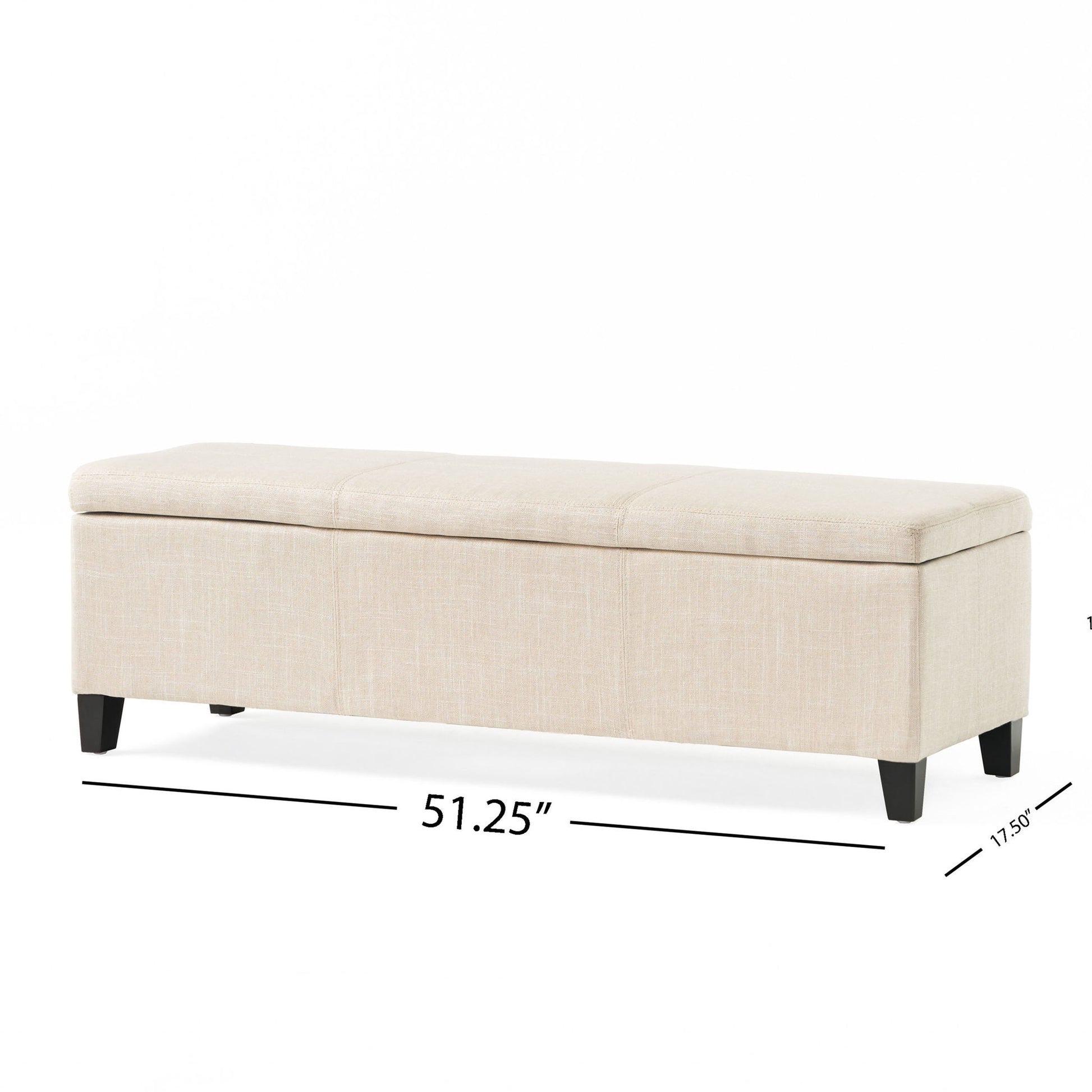 Glouster - Contemporary Storage Ottoman: Rectangular beige upholstered bench with black legs, shown against a white background. Dimensions labeled: 51.25" long and 17.5" tall.