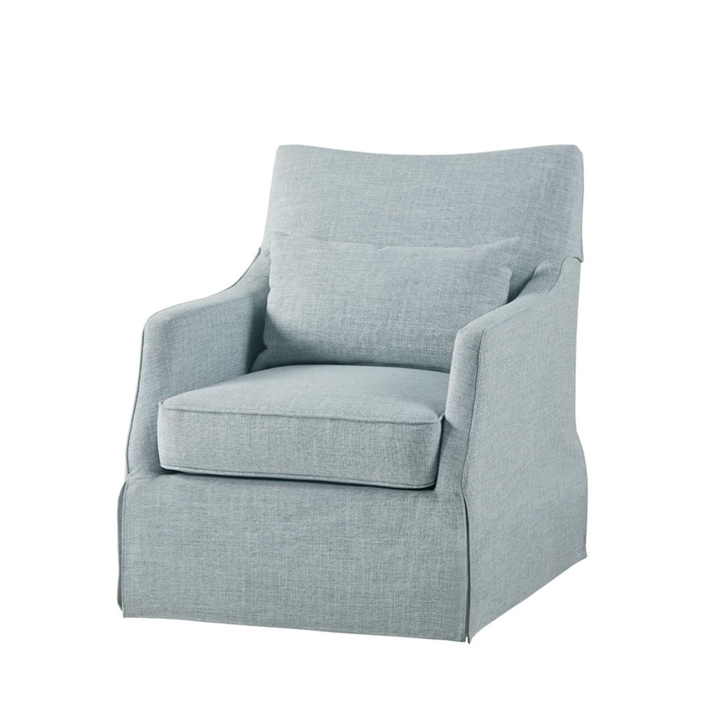 The Traditional Design London Skirted Swivel Chair features light blue upholstery, a cushioned seat and backrest, a matching pillow, and fabric-covered legs for a modern look with clean lines.