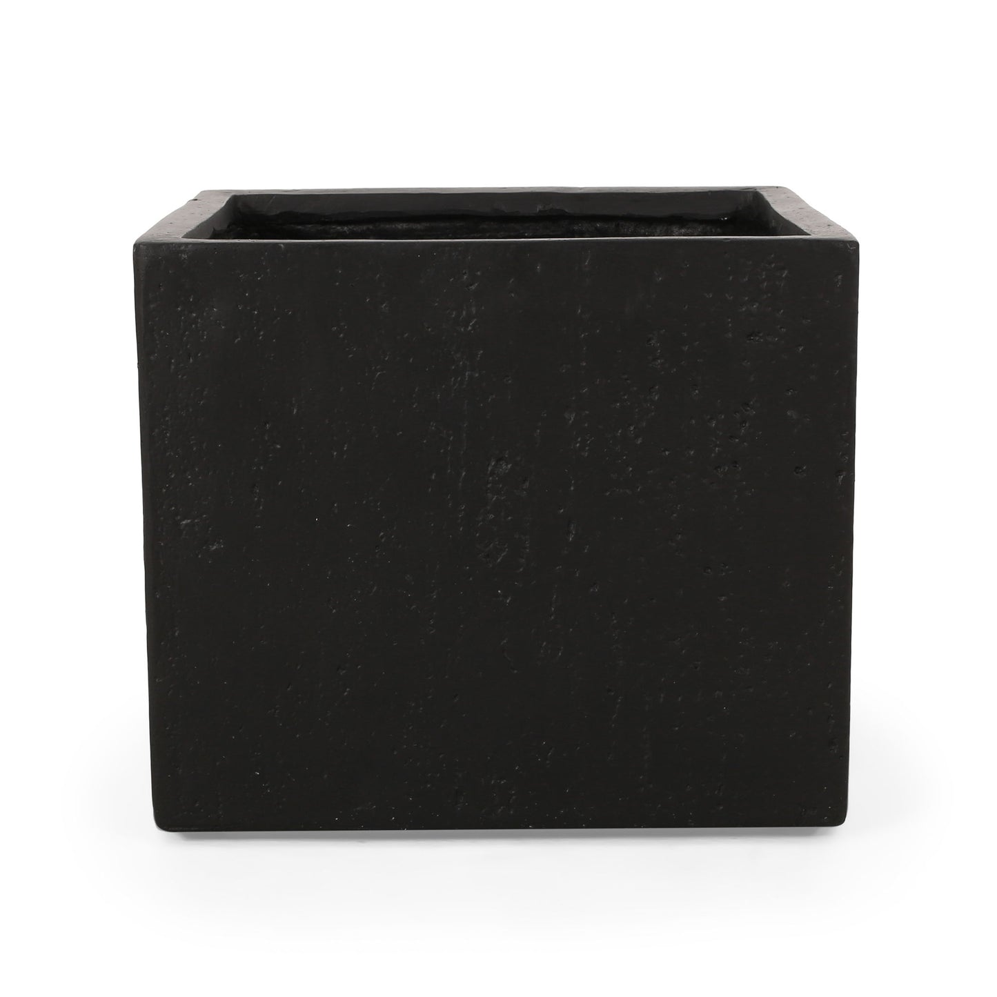 The Modern Outdoor Planter is black, square-shaped with a rough texture and open top, shown against a plain white background.