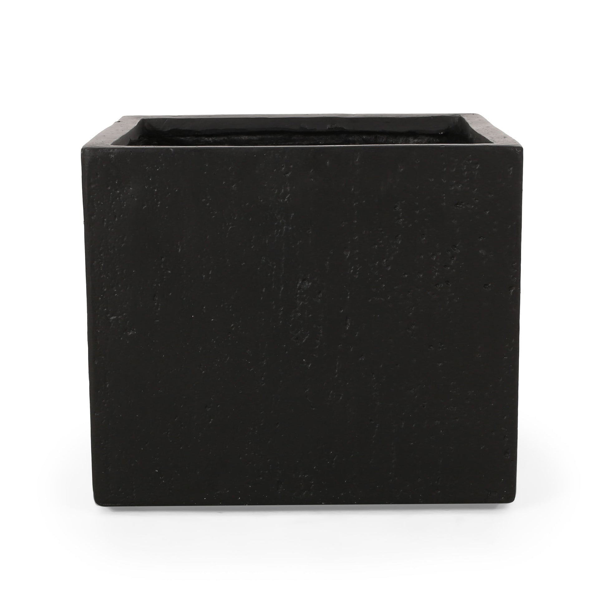 The Modern Outdoor Planter is black, square-shaped with a rough texture and open top, shown against a plain white background.