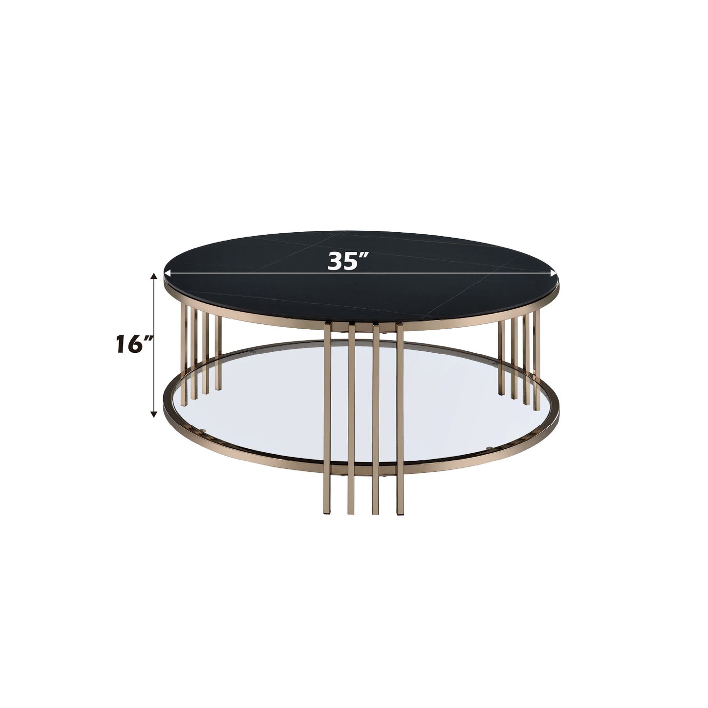 The Abisha - Sintered Stone Top Round Table features a black round top (35" diameter x 16" high), multiple vertical gold metal legs, and a lower glass shelf.