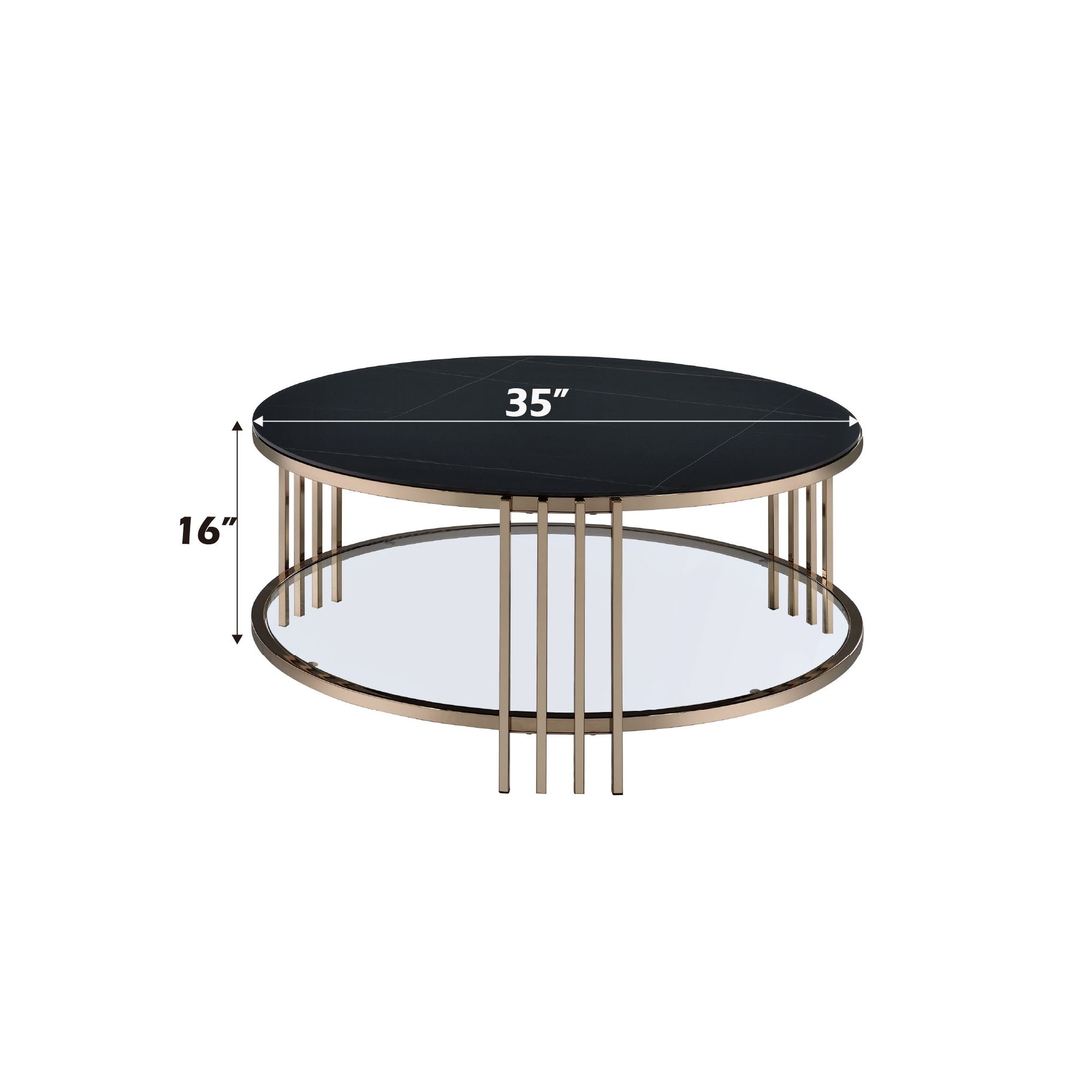 The Abisha - Sintered Stone Top Round Table features a black round top (35" diameter x 16" high), multiple vertical gold metal legs, and a lower glass shelf.