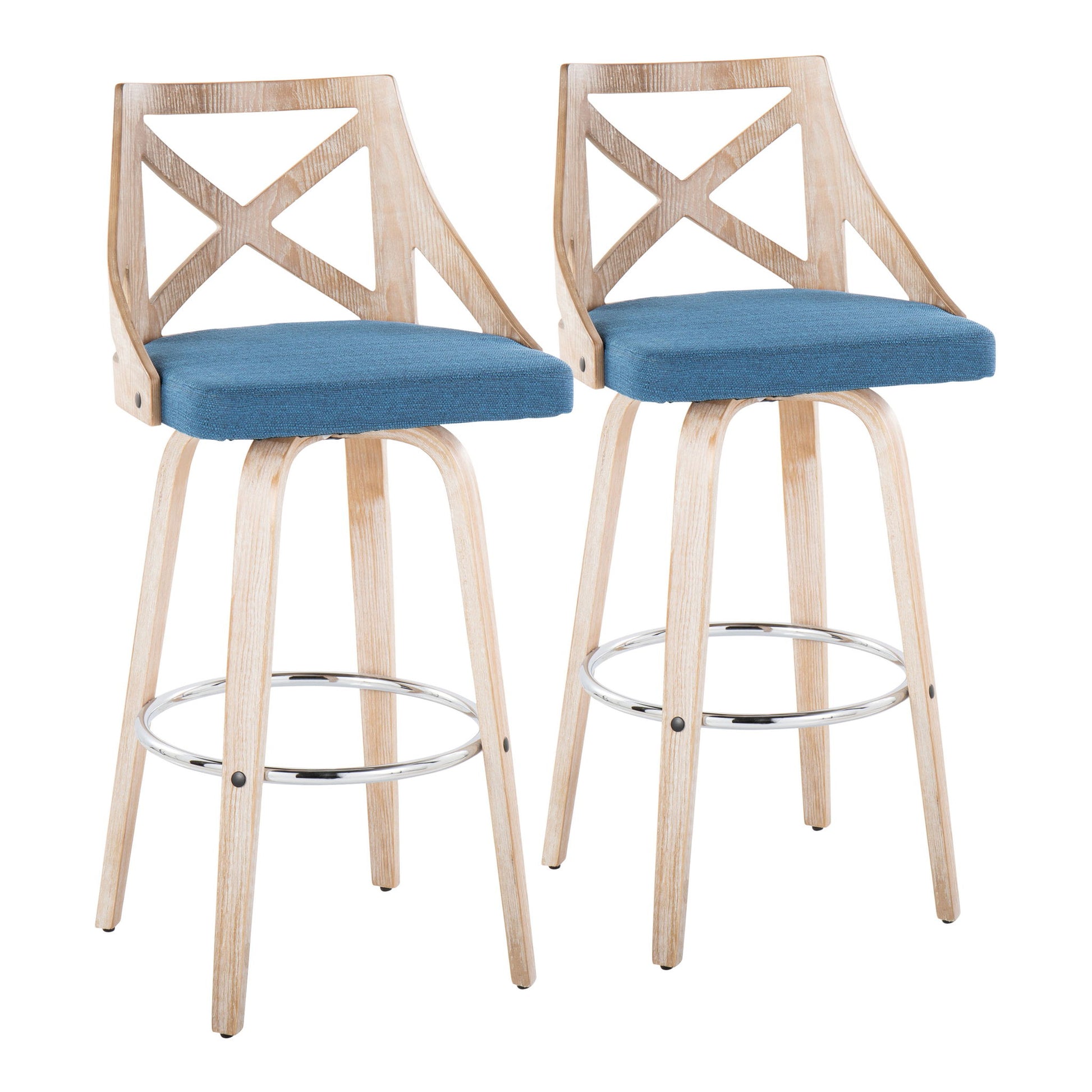 Set of 2 Charlotte Farmhouse fixed-height bar stools with X-backrests, blue cushioned seats, light wood legs, chrome round footrests, and a modern design. Swivel feature included.