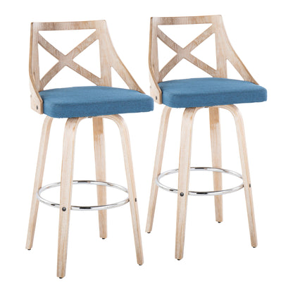 Set of 2 Charlotte Farmhouse fixed-height bar stools with X-backrests, blue cushioned seats, light wood legs, chrome round footrests, and a modern design. Swivel feature included.