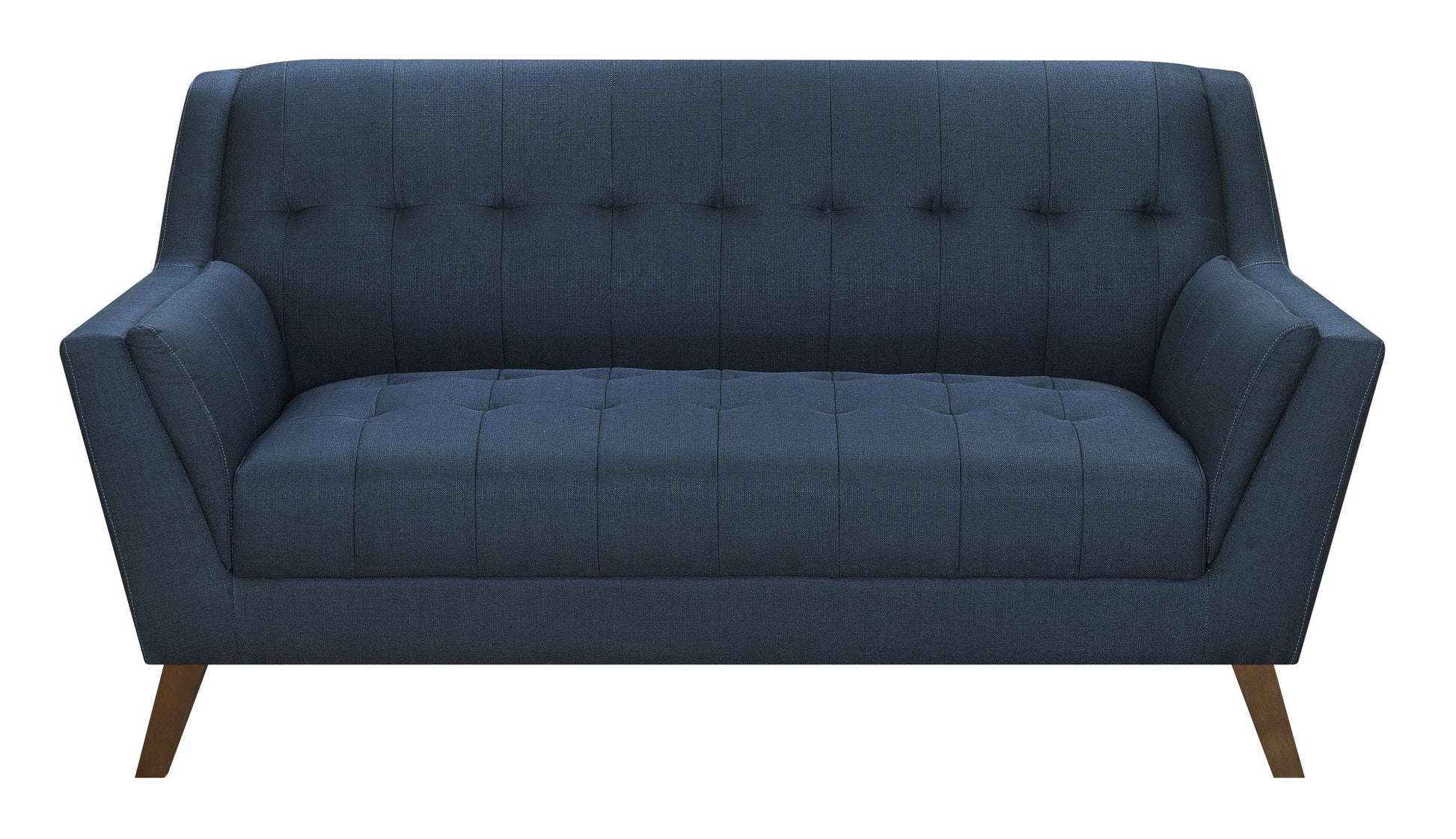 The Browning loveseat is upholstered in blue fabric with button-tufted detailing on the back and seat. It features straight, angled armrests and stands on four wooden legs, offering a textured look with a modern, minimalist design.