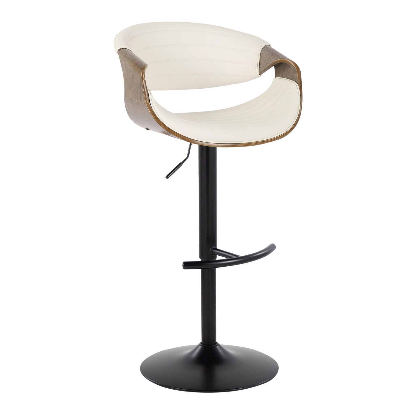 The Symphony barstool set features a mid-century modern design with a curved backrest, cream cushioned seat, wooden accents, black metal base, swivel function, height adjustment lever, and rounded T footrest. Set of 2.