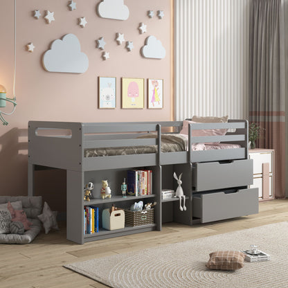 A modern kids’ bedroom with the Fabiana Twin Loft Bed With Storage in gray, built-in shelves and drawers, pink walls with cloud and star art, framed animal prints, toys, and a wooden floor.