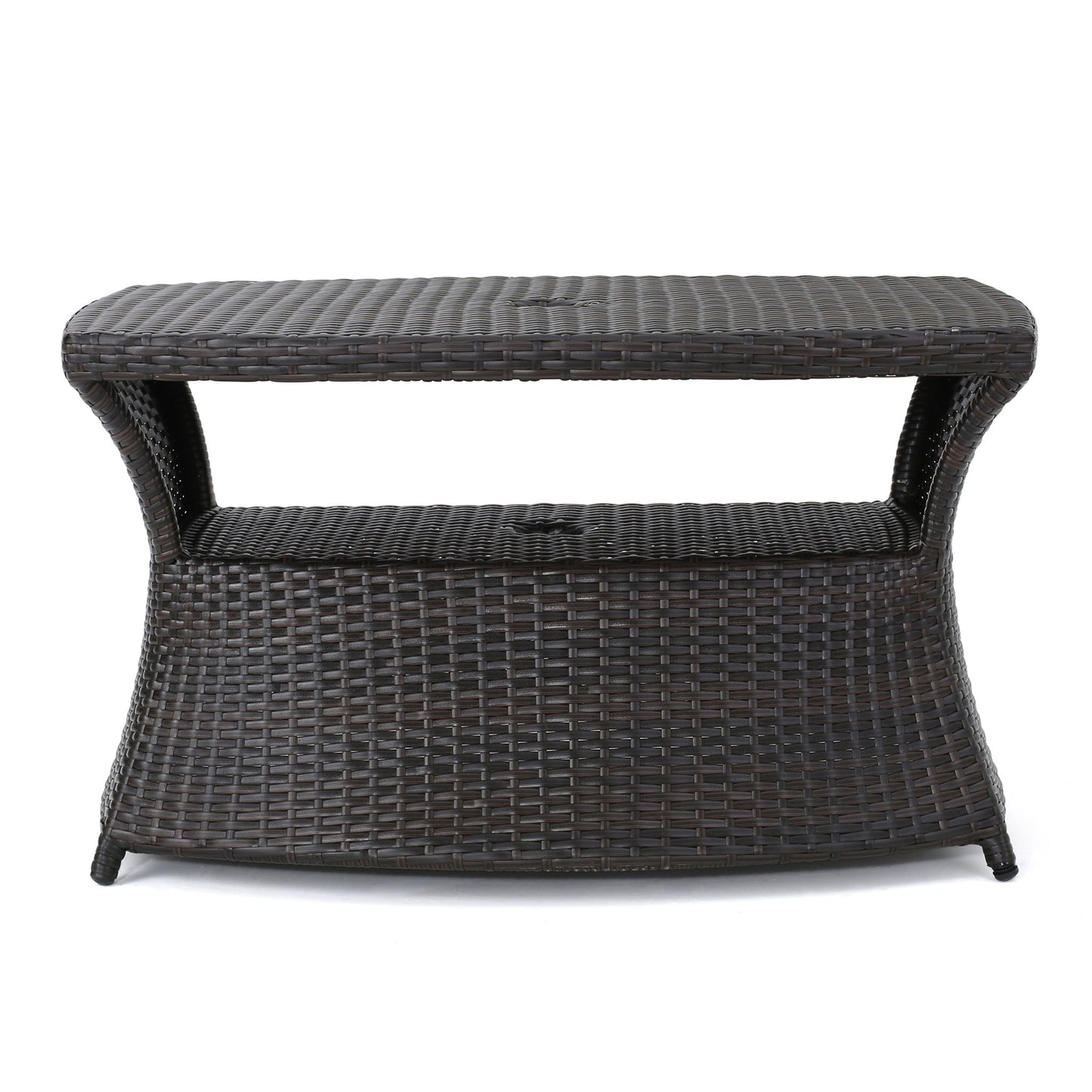 The Berkeley - Chaise Lounge Side Table features a dark brown wicker design with a flat top, open middle shelf, and slightly curved base, ideal for storage or use as a stylish outdoor side table.