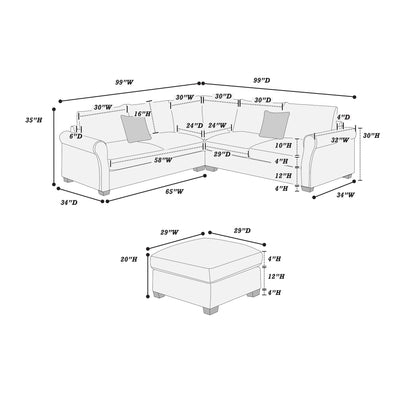 Modern Sectional Set With Corner Wedge, Loveseat, Ottoman & 2 Pillows